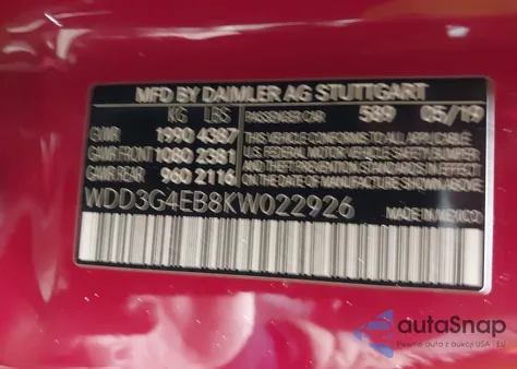 2019 Mercedes-Benz A 220 из США, поврежденный, VIN WDD3G4EB8KW022926